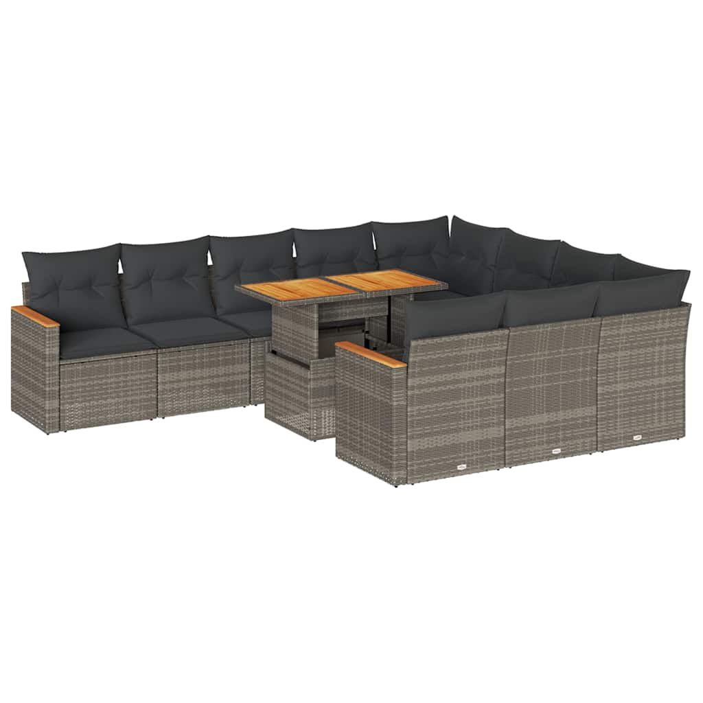 11 részes szürke polyrattan akácfa kerti ülőgarnitúra párnákkal
