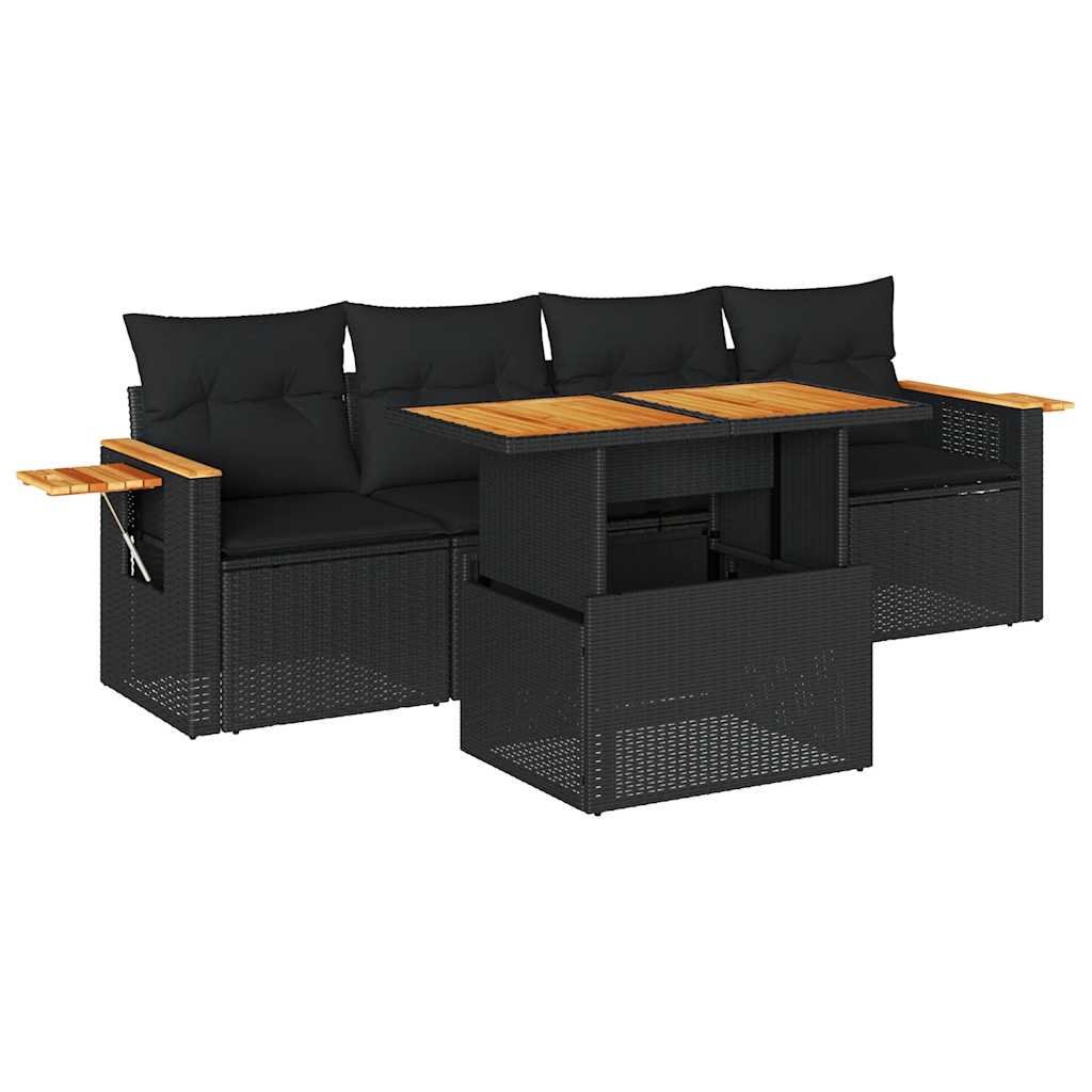 5 részes fekete polyrattan akácfa kerti kanapészett párnákkal