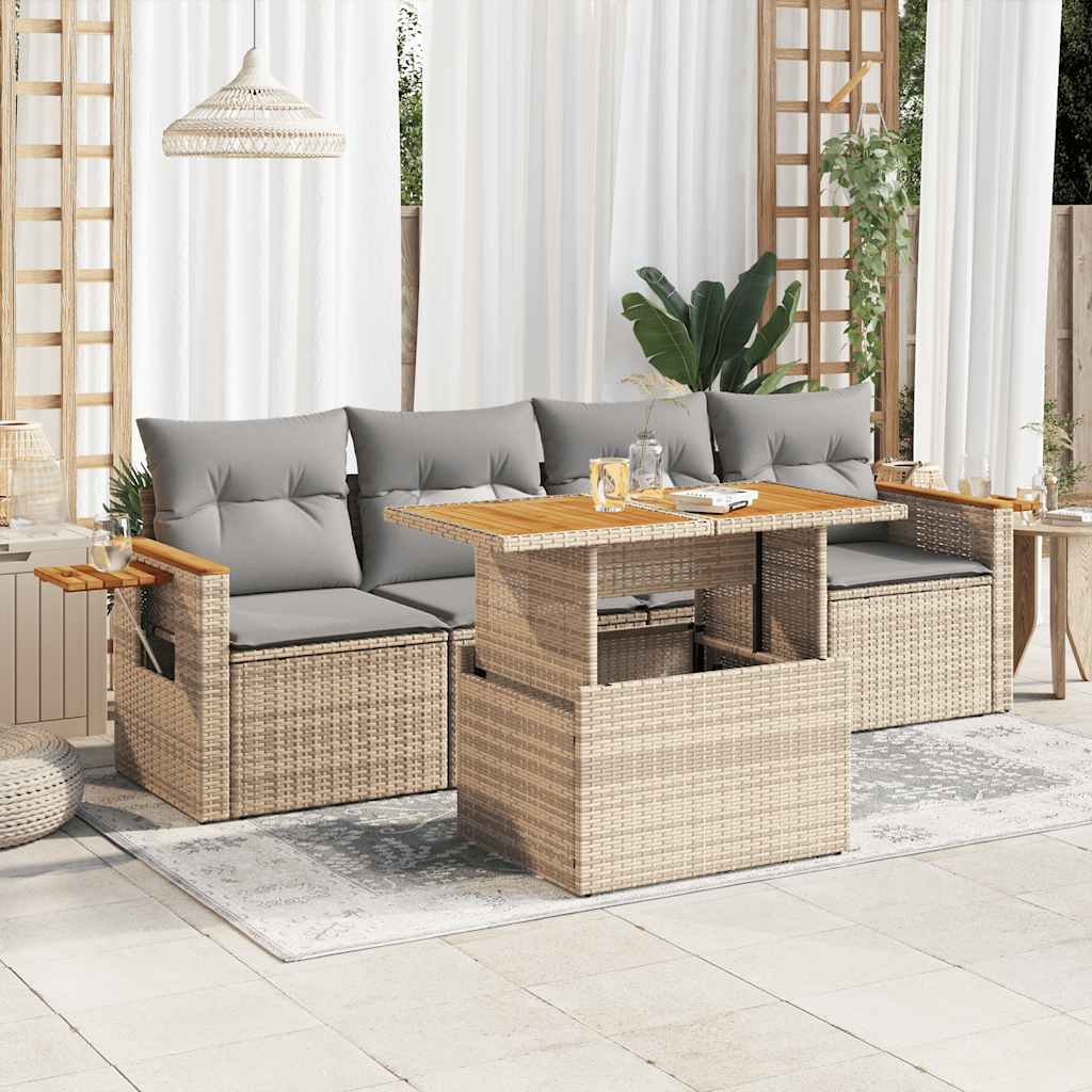 5 részes bézs polyrattan és akácfa kerti ülőgarnitúra párnákkal