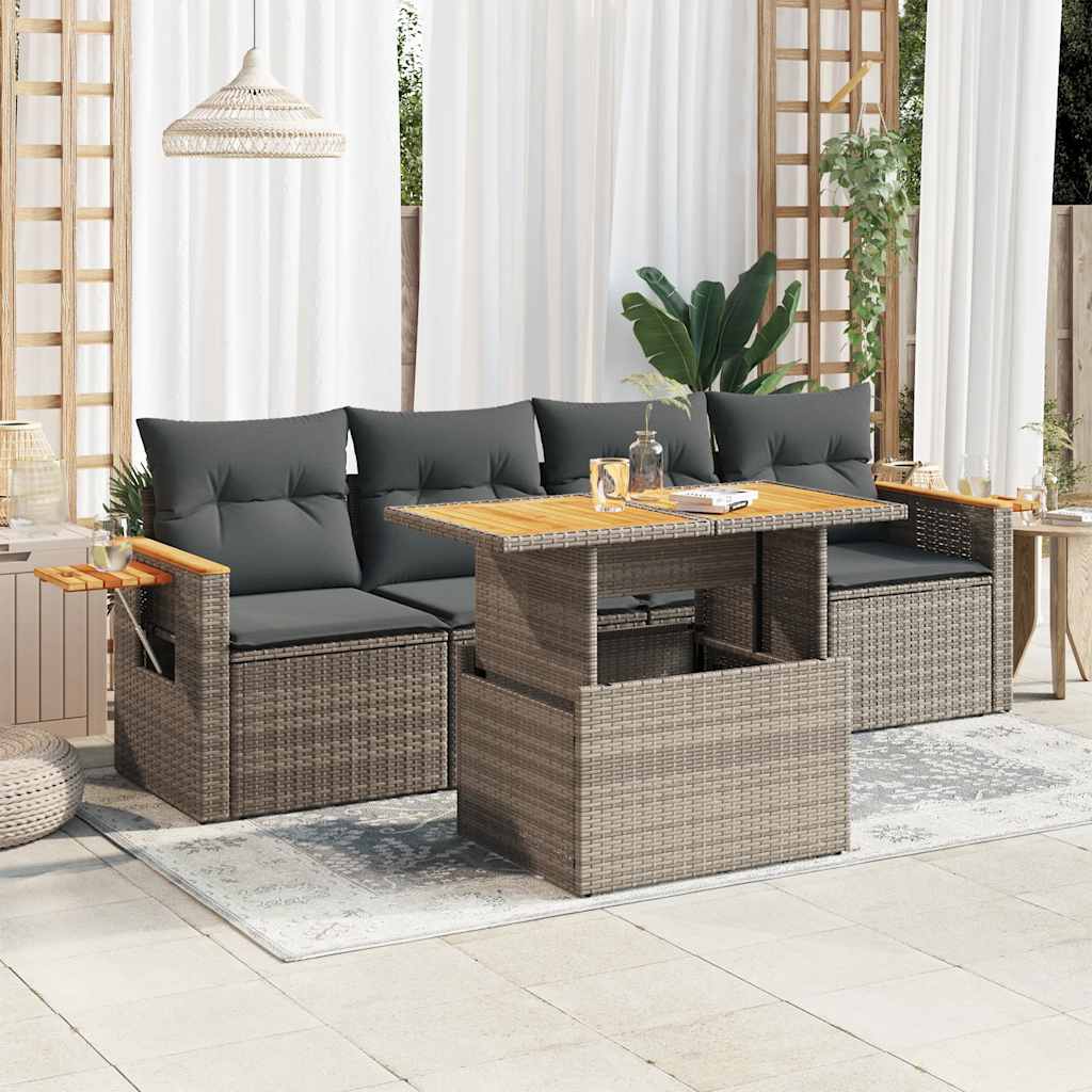 5 részes szürke polyrattan akácfa kerti ülőgarnitúra párnákkal