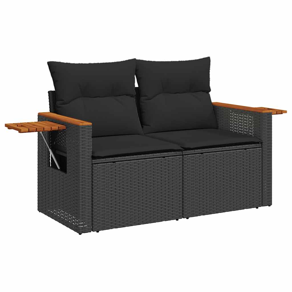 6 részes fekete polyrattan akácfa kerti ülőgarnitúra párnákkal