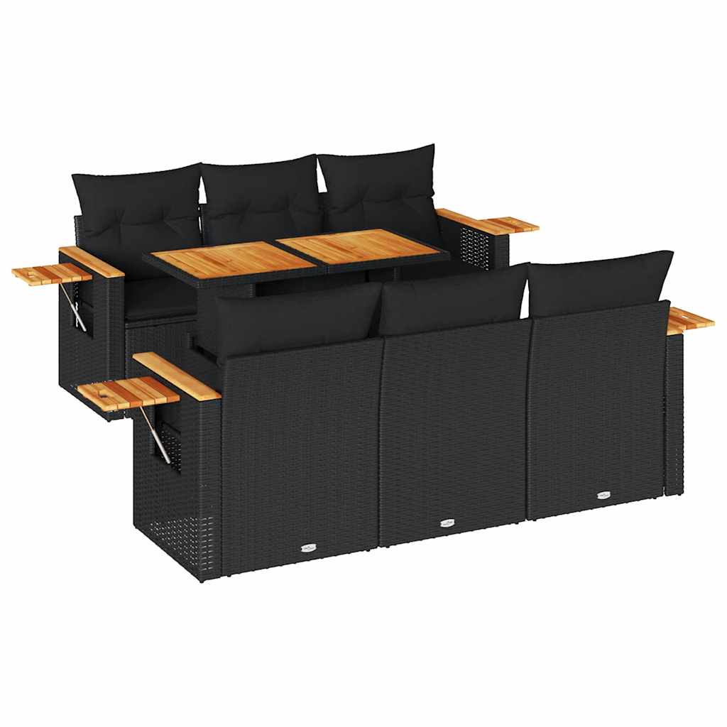 7 részes fekete polyrattan akácfa kerti ülőgarnitúra párnával