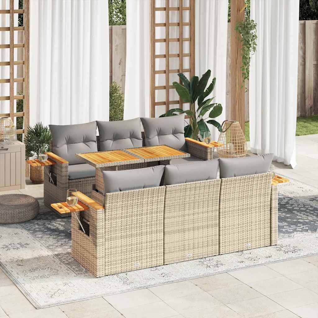 7 részes bézs polyrattan akácfa kerti ülőgarnitúra párnákkal