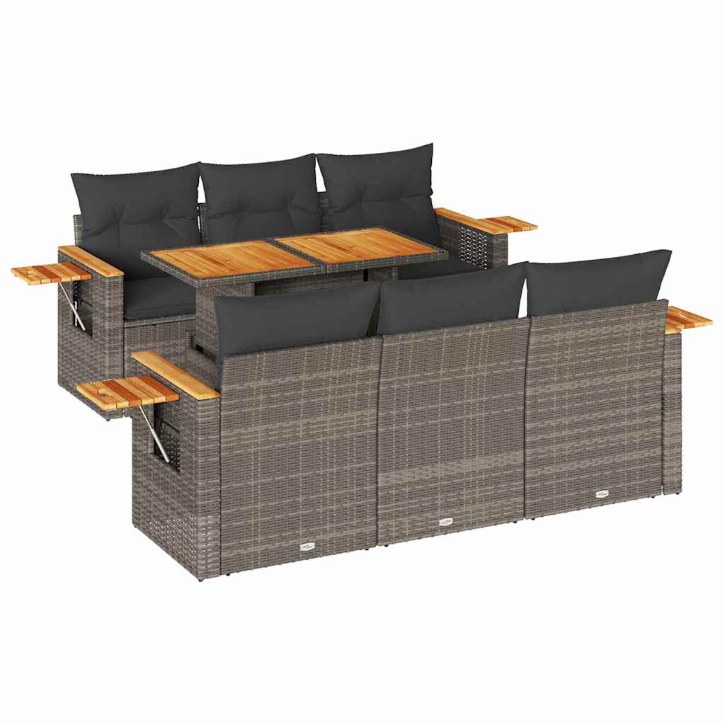 7 részes szürke polyrattan akácfa kerti ülőgarnitúra párnákkal
