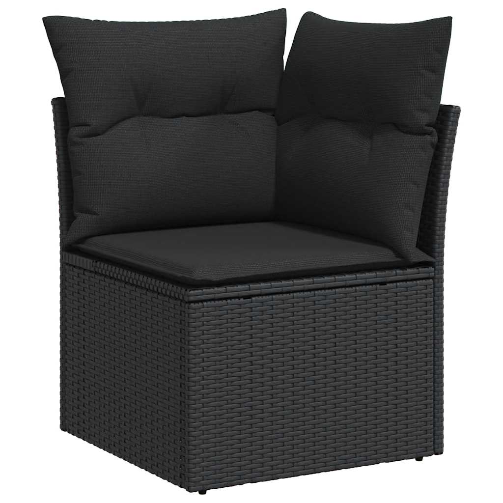 7 részes fekete polyrattan akácfa kerti ülőgarnitúra párnával