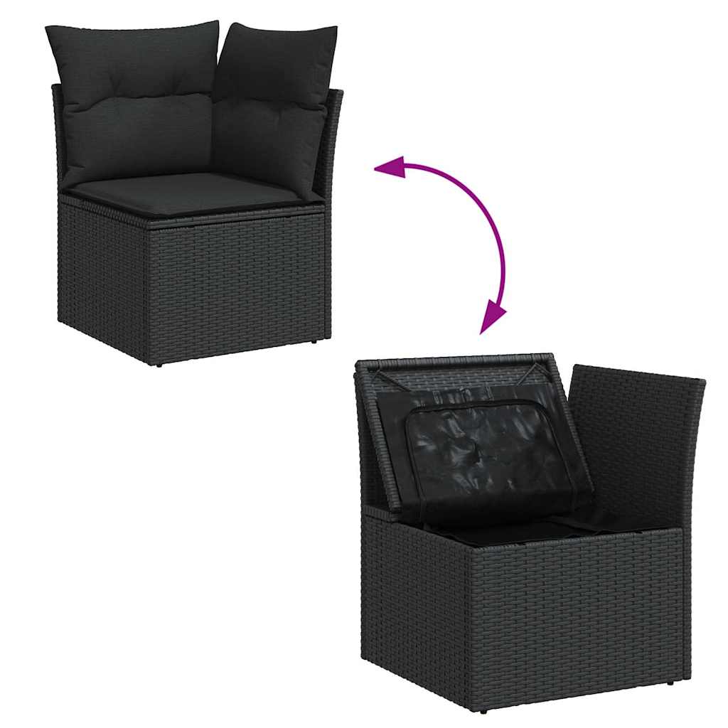 7 részes fekete polyrattan akácfa kerti ülőgarnitúra párnával