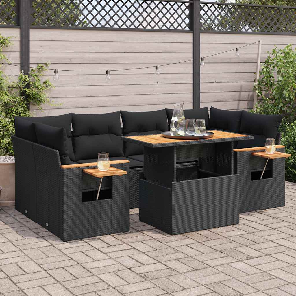 7 részes fekete polyrattan akácfa kerti ülőgarnitúra párnával