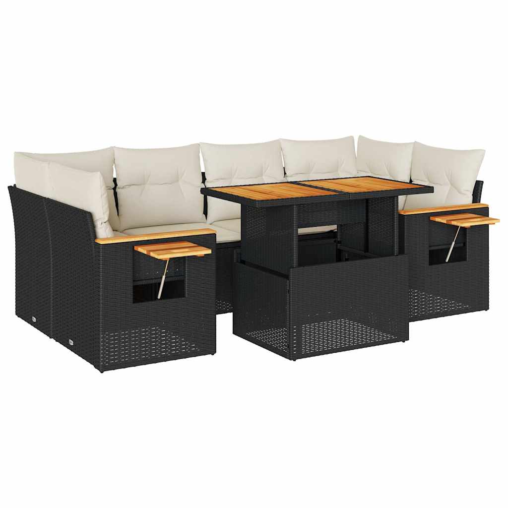 7 részes fekete polyrattan akácfa kerti ülőgarnitúra párnával