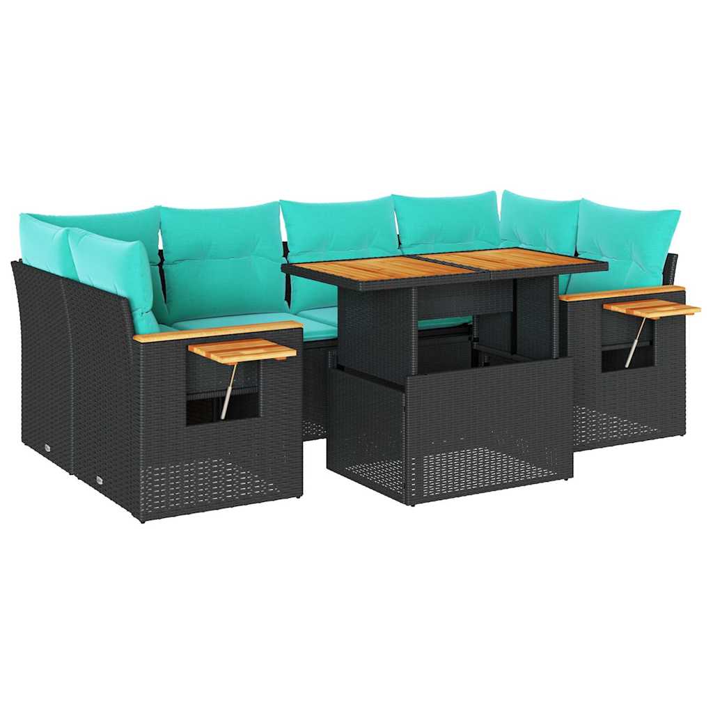 7 részes fekete polyrattan kerti ülőgarnitúra párnával