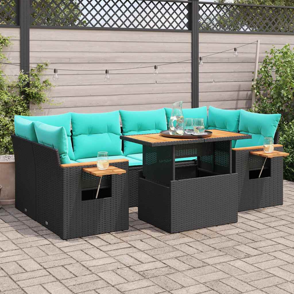 7 részes fekete polyrattan kerti ülőgarnitúra párnával