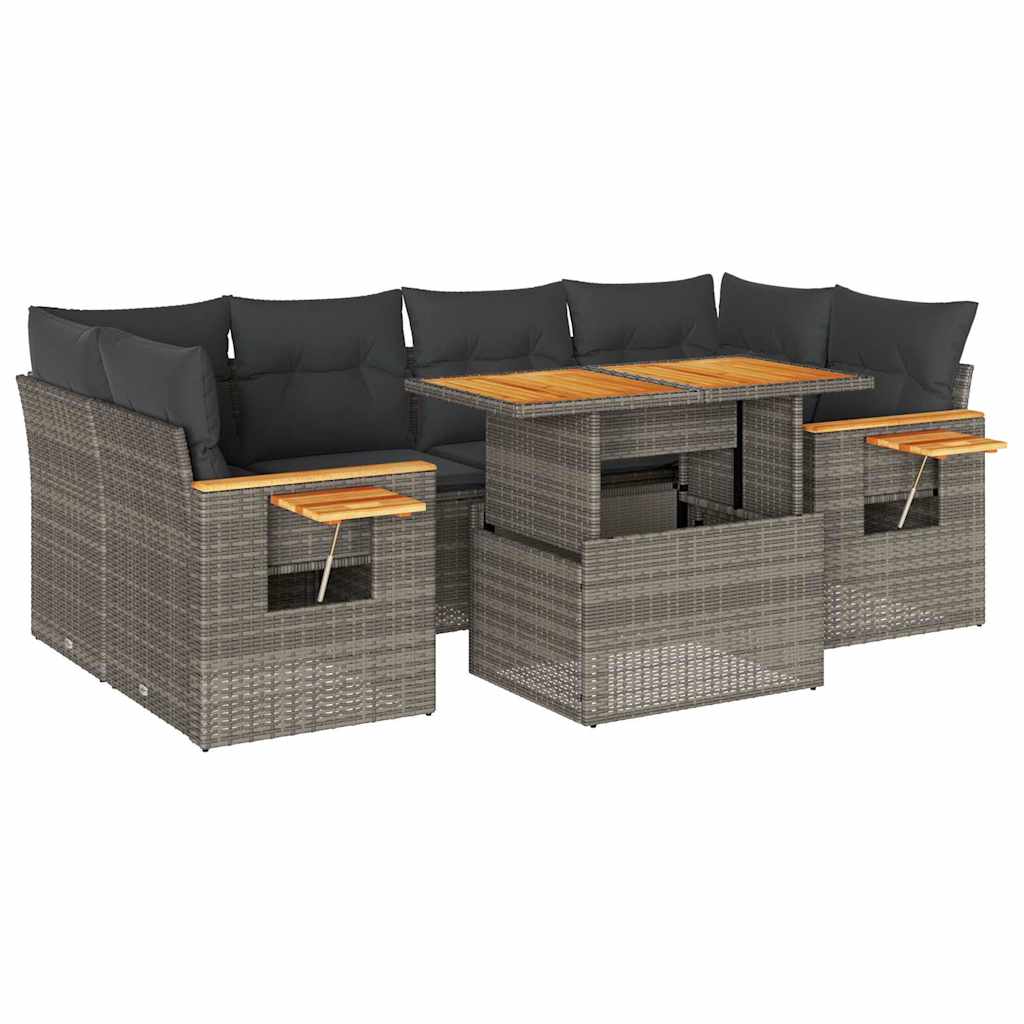 7 részes szürke polyrattan akácfa kerti ülőgarnitúra párnákkal