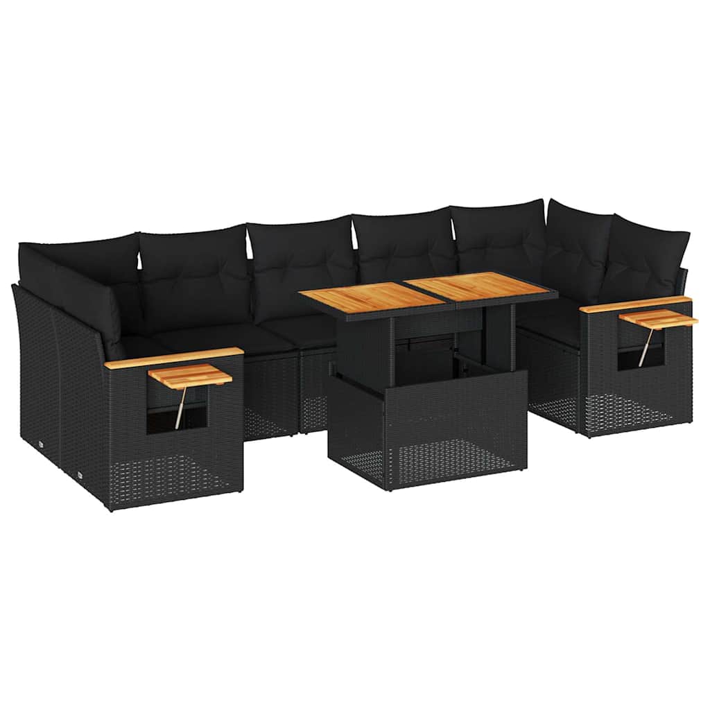 8 részes fekete polyrattan akácfa kerti ülőgarnitúra párnákkal