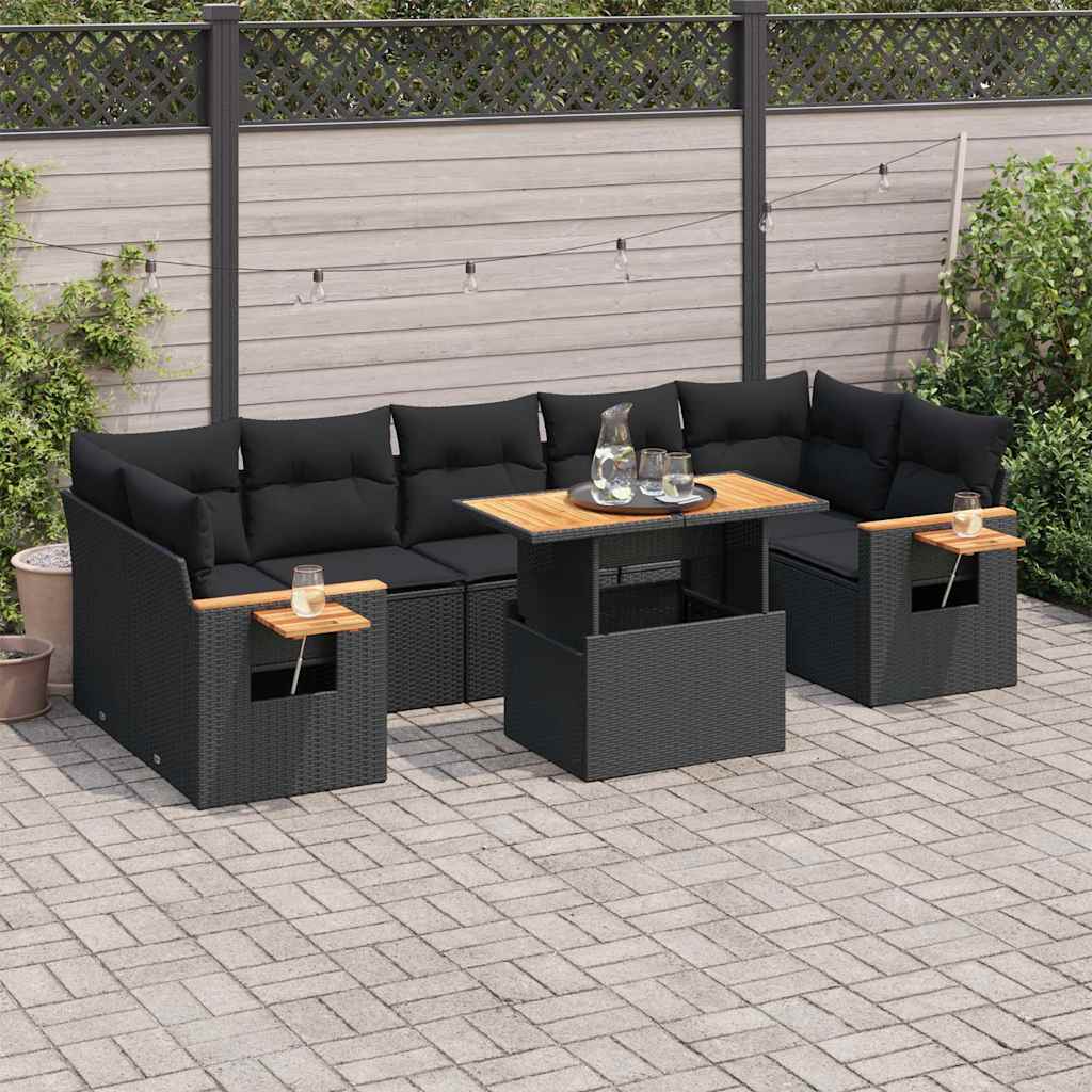 8 részes fekete polyrattan akácfa kerti ülőgarnitúra párnákkal