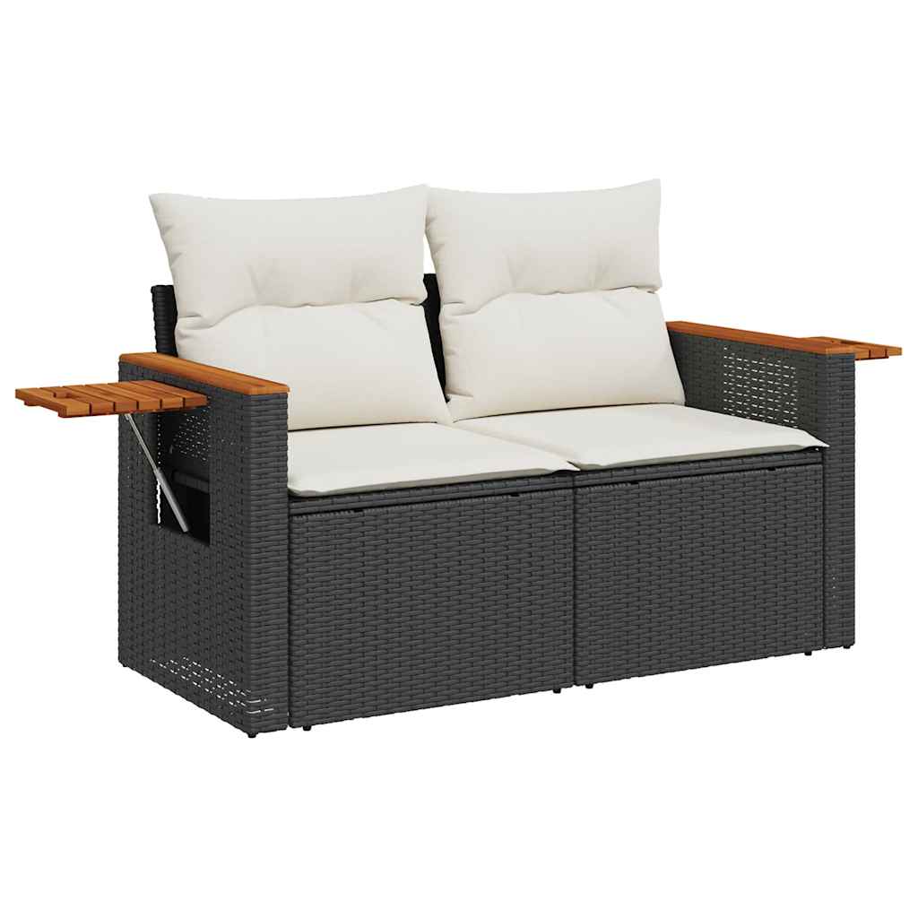 8 részes fekete polyrattan akácfa kerti ülőgarnitúra párnákkal