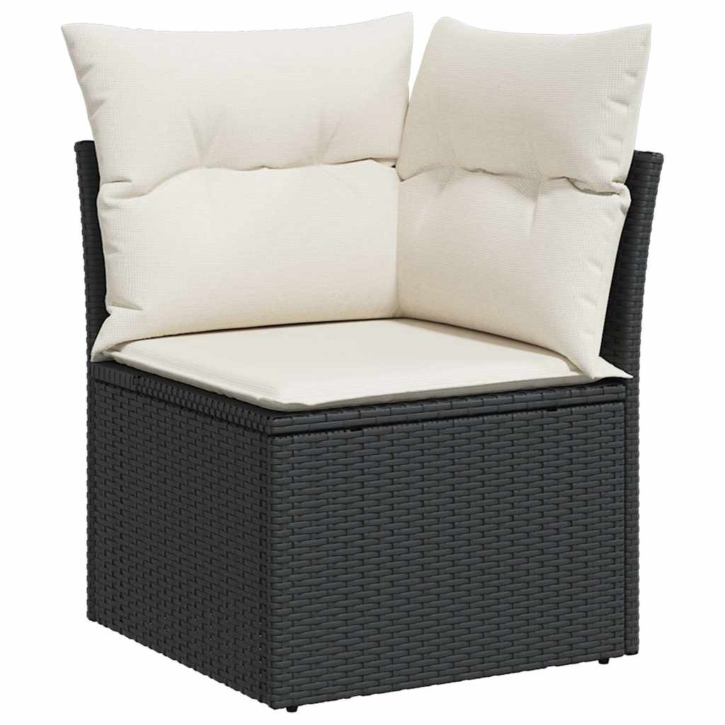 8 részes fekete polyrattan akácfa kerti ülőgarnitúra párnákkal