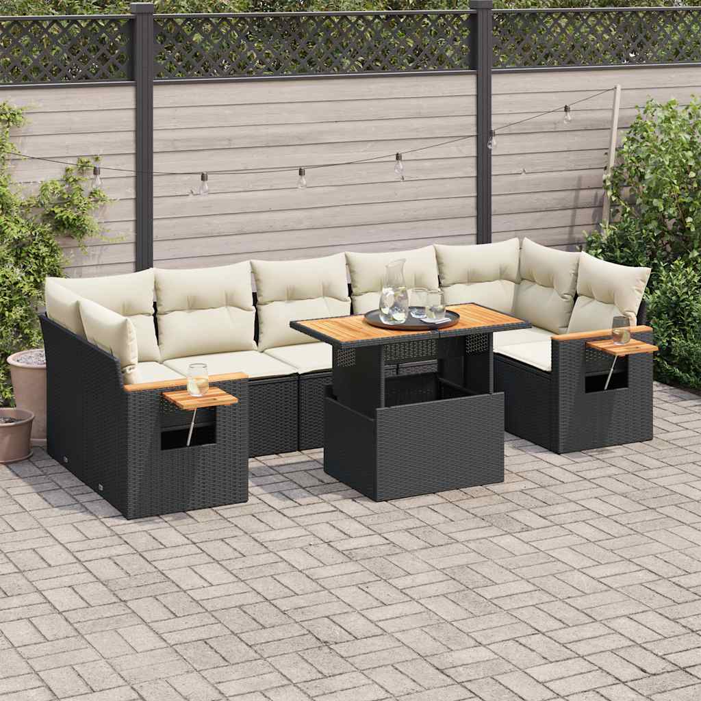 8 részes fekete polyrattan akácfa kerti ülőgarnitúra párnákkal