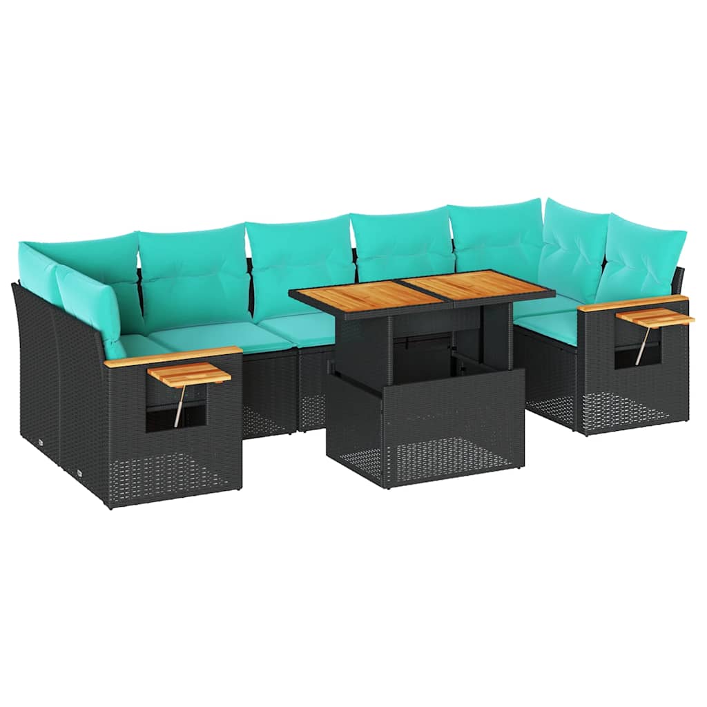8 részes fekete polyrattan kerti ülőgarnitúra párnákkal