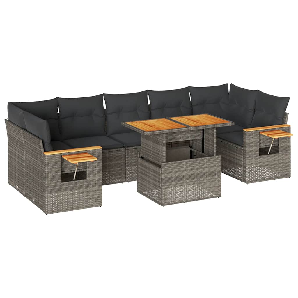 8 részes szürke polyrattan akácfa kerti ülőgarnitúra párnákkal
