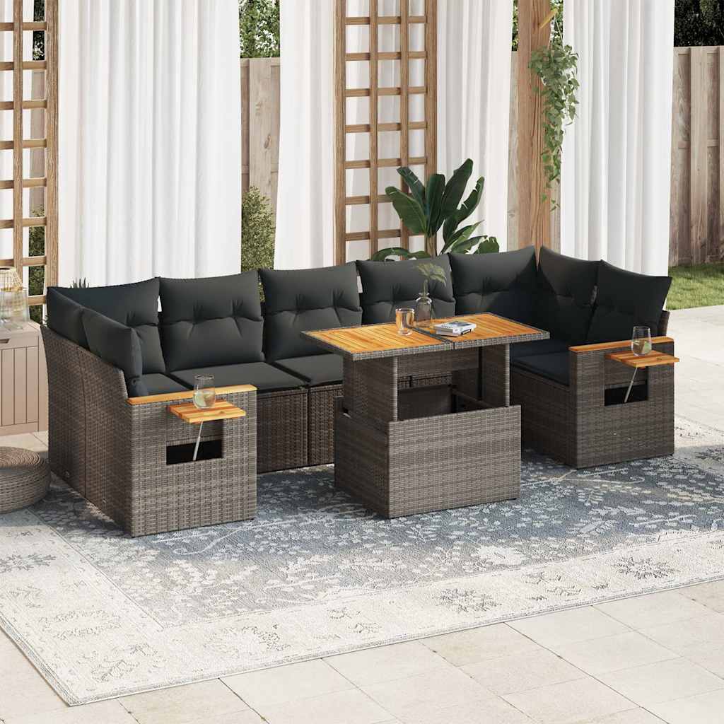 8 részes szürke polyrattan akácfa kerti ülőgarnitúra párnákkal