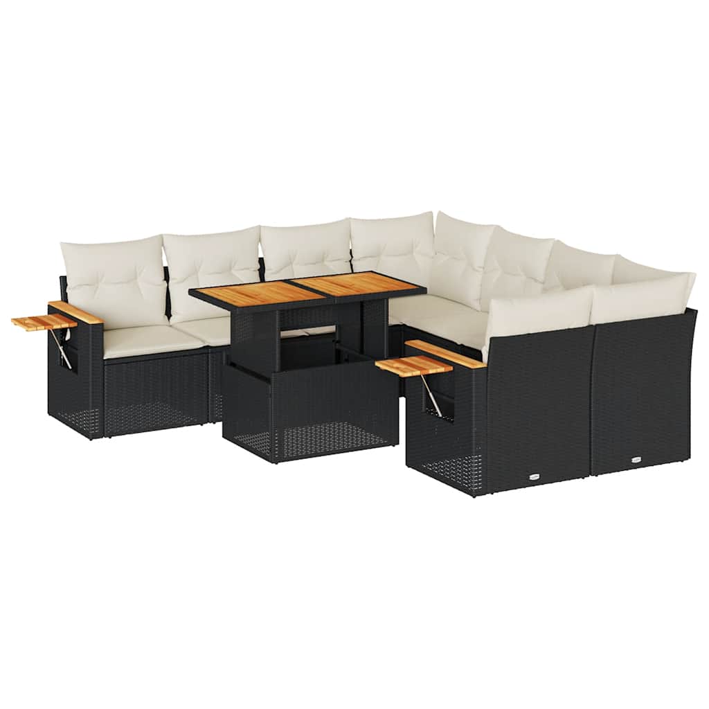 9 részes fekete polyrattan akácfa kerti ülőgarnitúra párnákkal