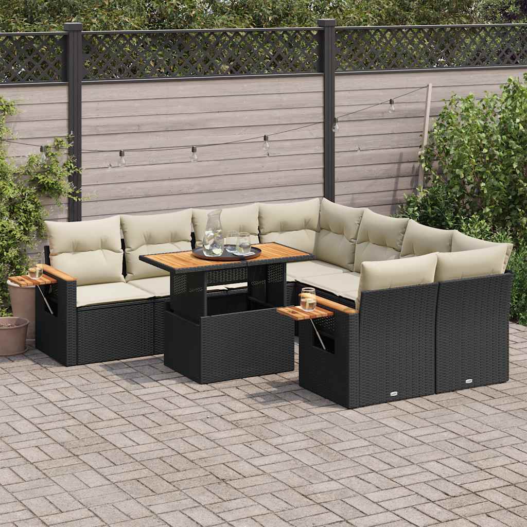 9 részes fekete polyrattan akácfa kerti ülőgarnitúra párnákkal