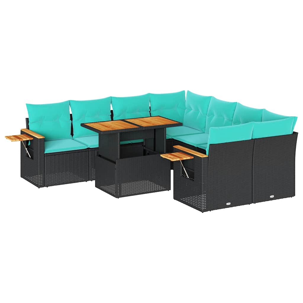 9 részes fekete polyrattan kerti ülőgarnitúra párnákkal