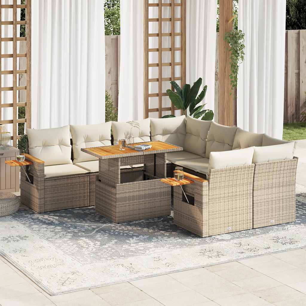 9 részes bézs polyrattan akácfa kerti ülőgarnitúra párnákkal