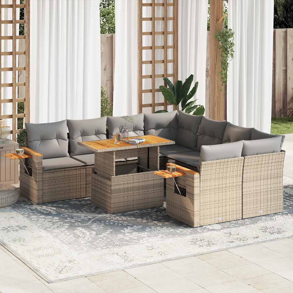 9 részes bézs polyrattan akácfa kerti ülőgarnitúra párnákkal