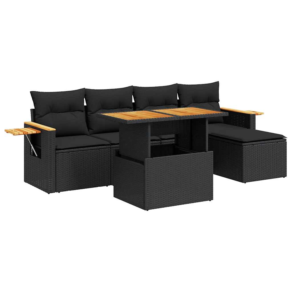 6 részes fekete polyrattan akácfa kerti ülőgarnitúra párnákkal