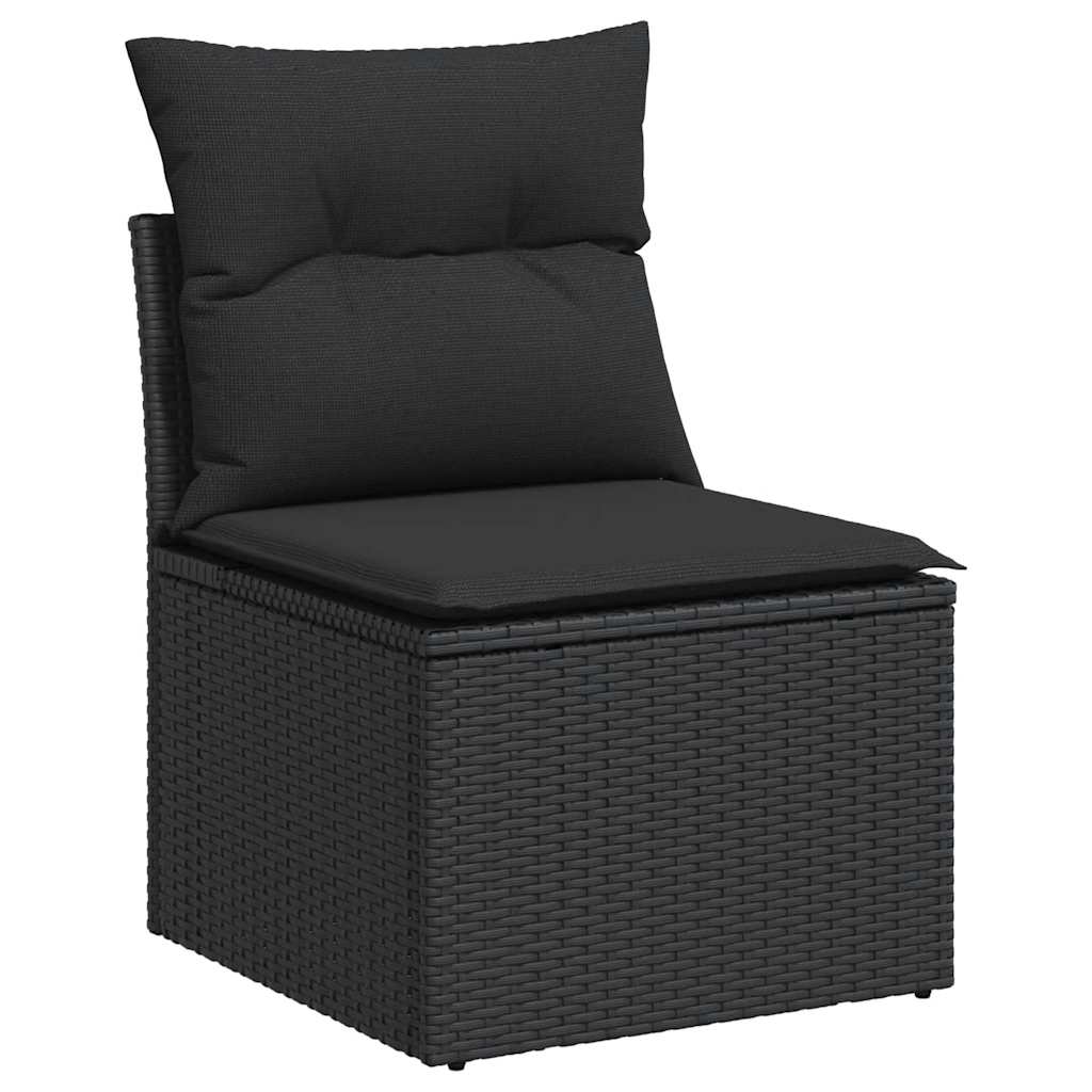 6 részes fekete polyrattan akácfa kerti ülőgarnitúra párnákkal