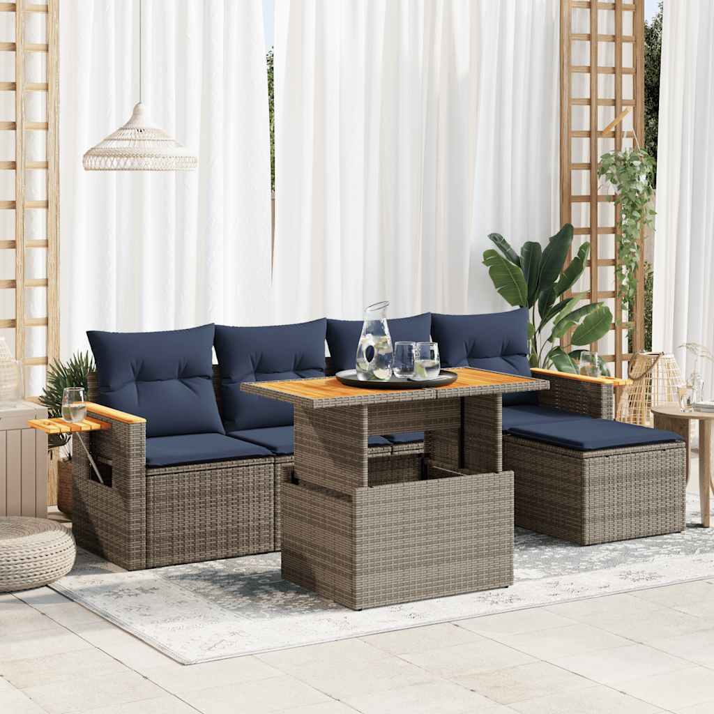 6 részes szürke polyrattan akácfa kerti ülőgarnitúra párnákkal