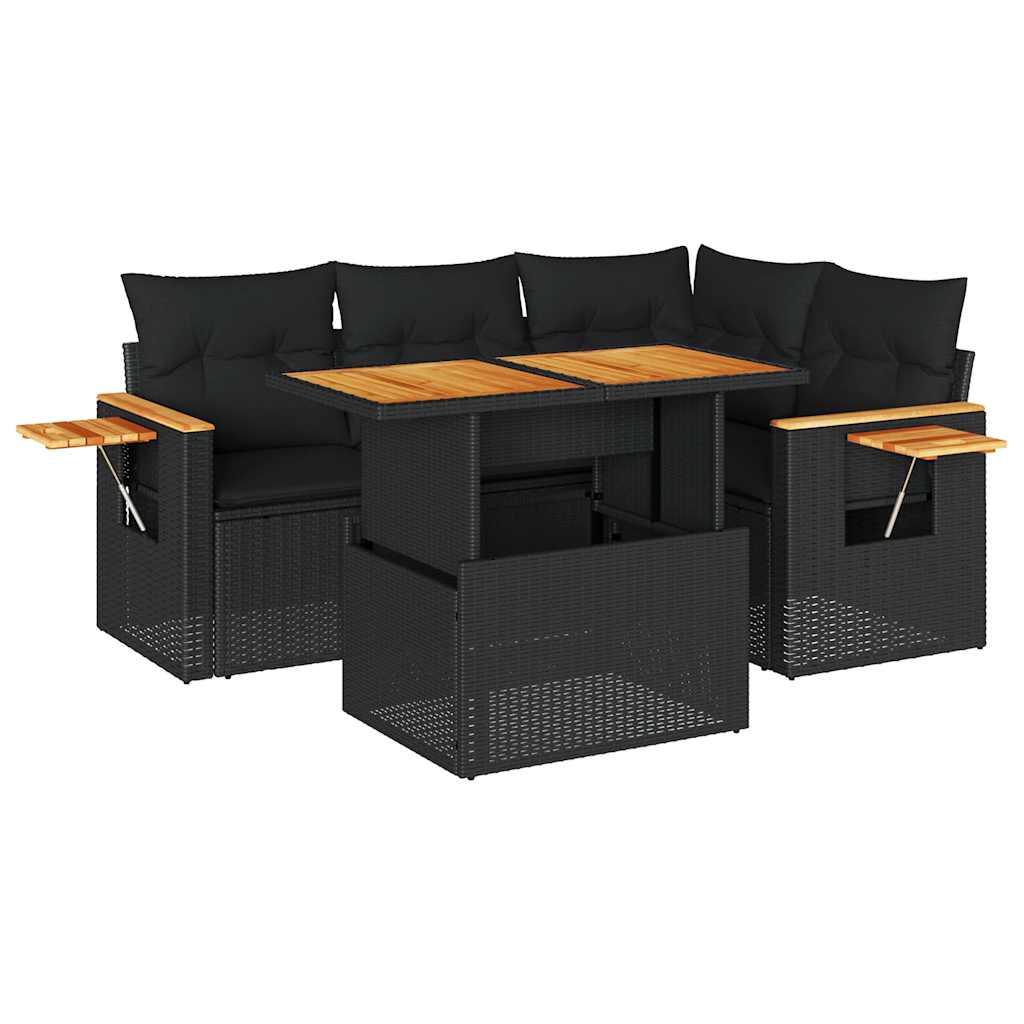5 részes fekete polyrattan akácfa kerti kanapészett párnákkal