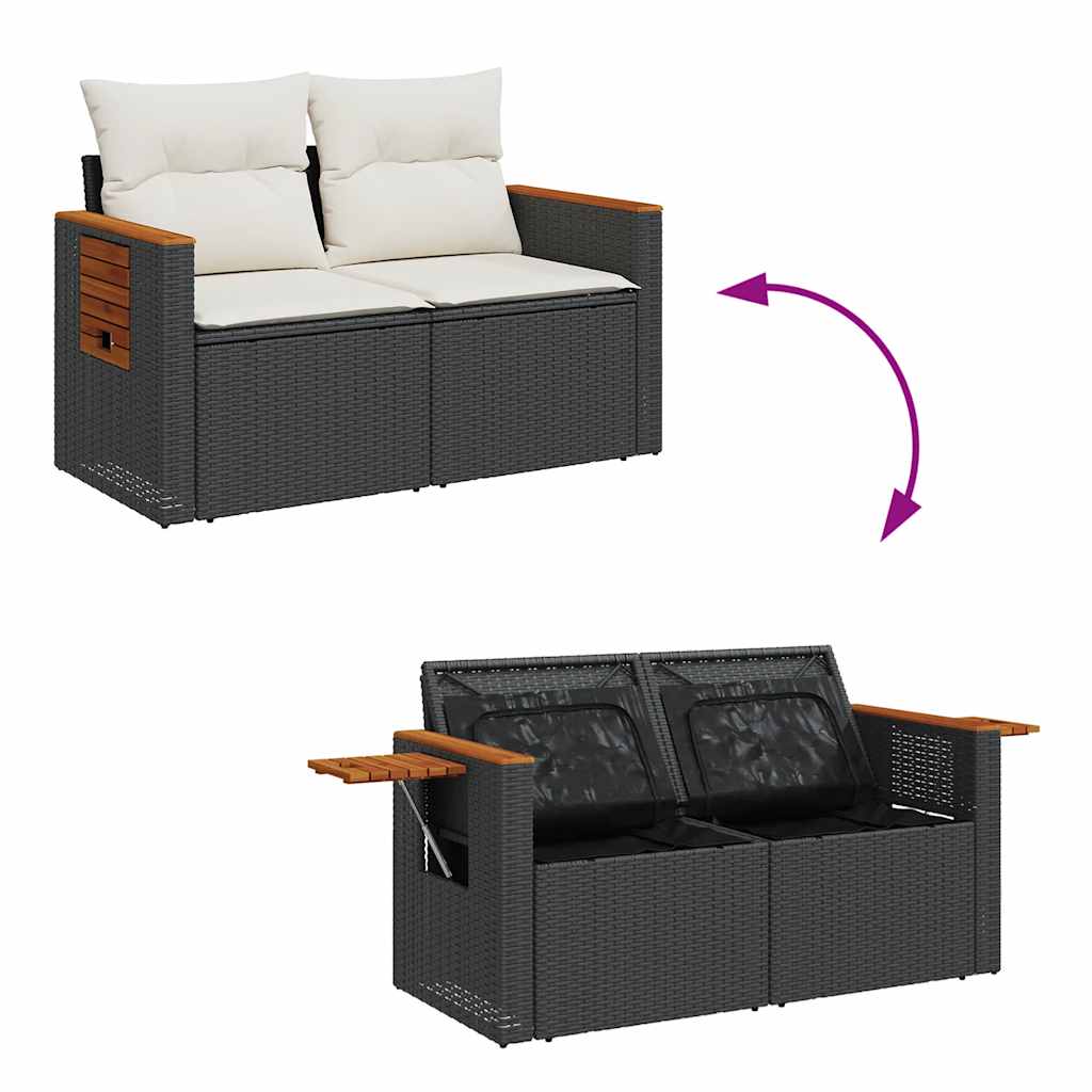 5 részes fekete polyrattan akácfa kerti kanapészett párnákkal