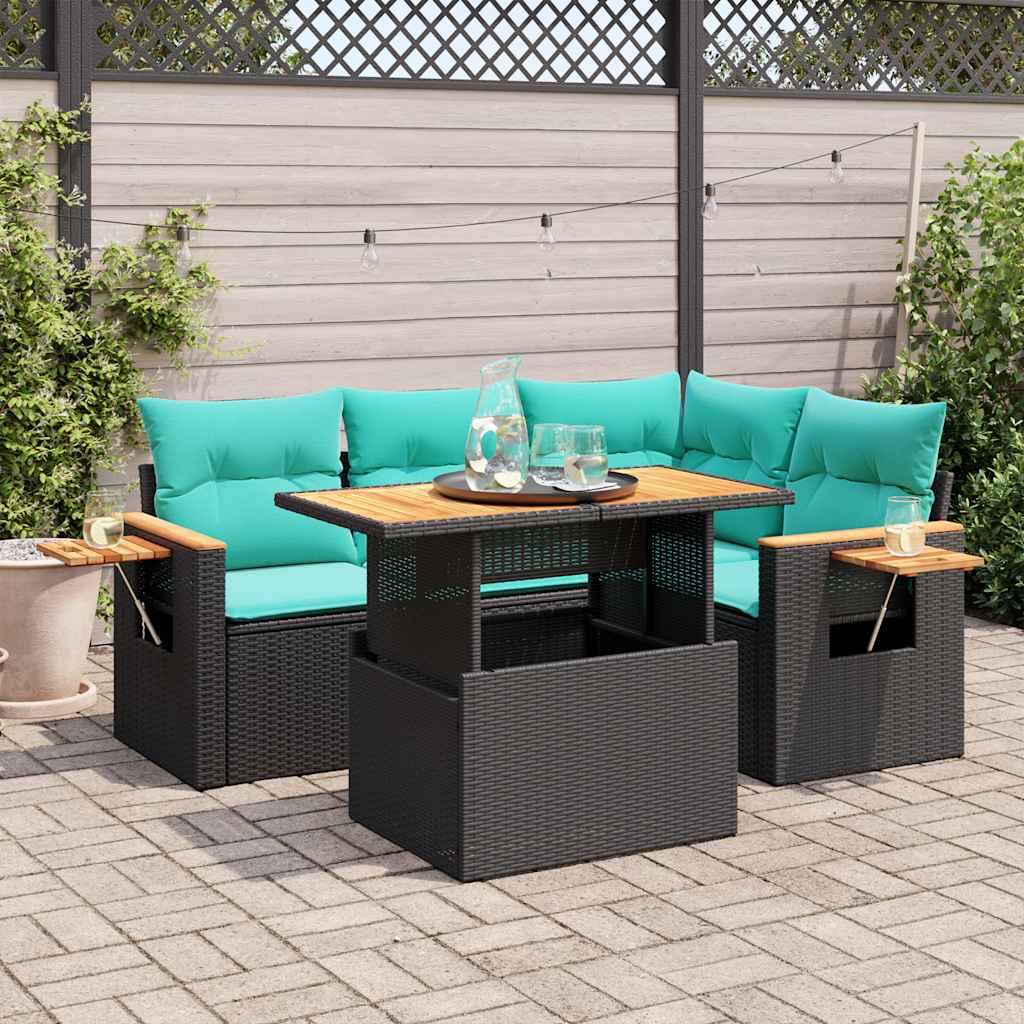 5 részes fekete polyrattan akácfa kerti kanapészett párnákkal