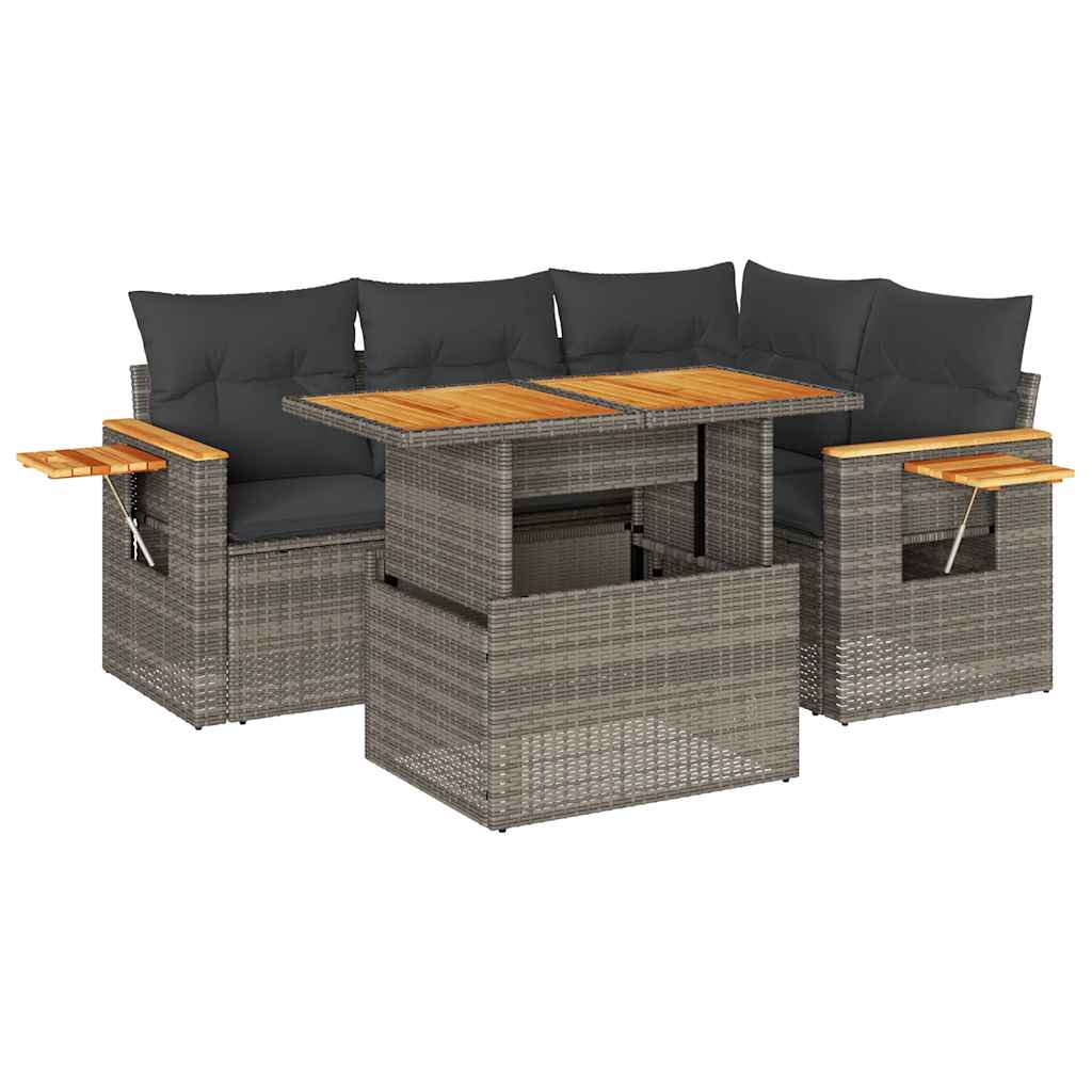 5 részes szürke polyrattan akácfa kerti ülőgarnitúra párnákkal