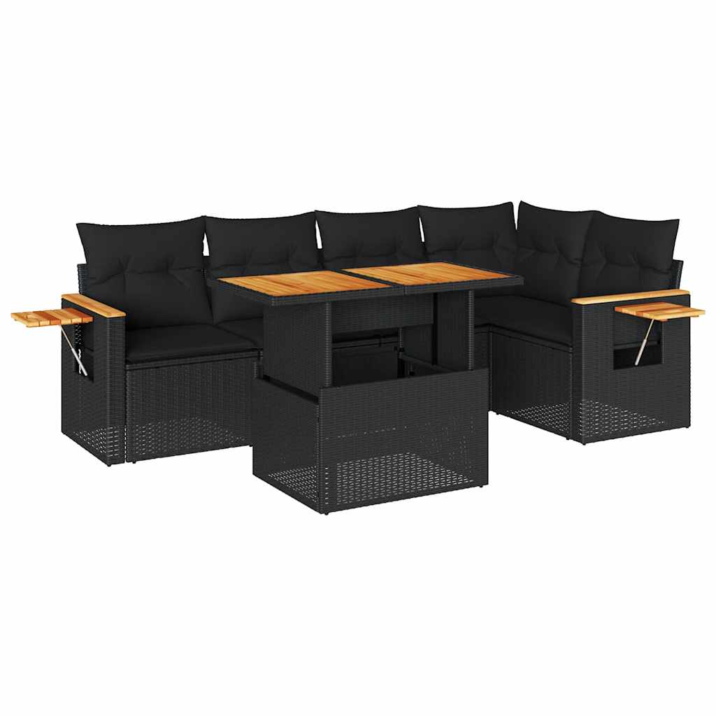 6 részes fekete polyrattan akácfa kerti ülőgarnitúra párnákkal