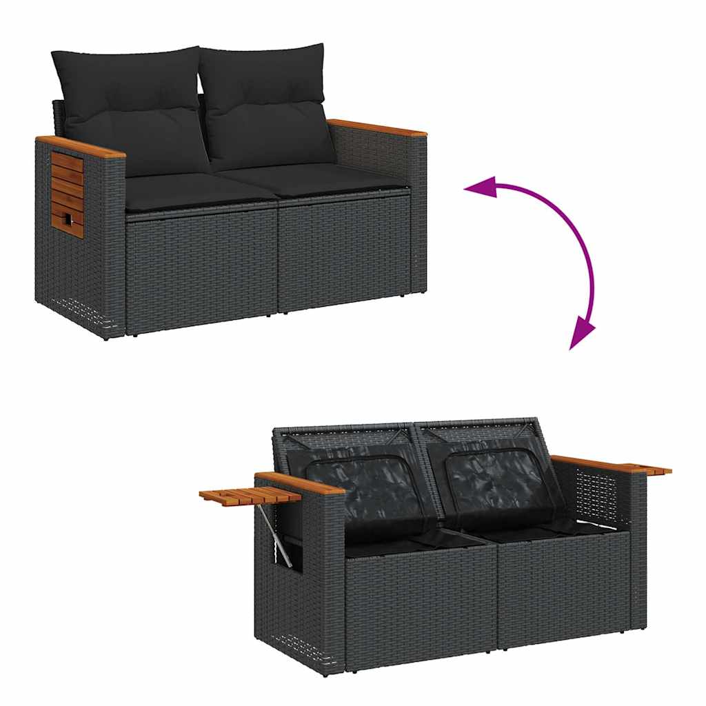 6 részes fekete polyrattan akácfa kerti ülőgarnitúra párnákkal