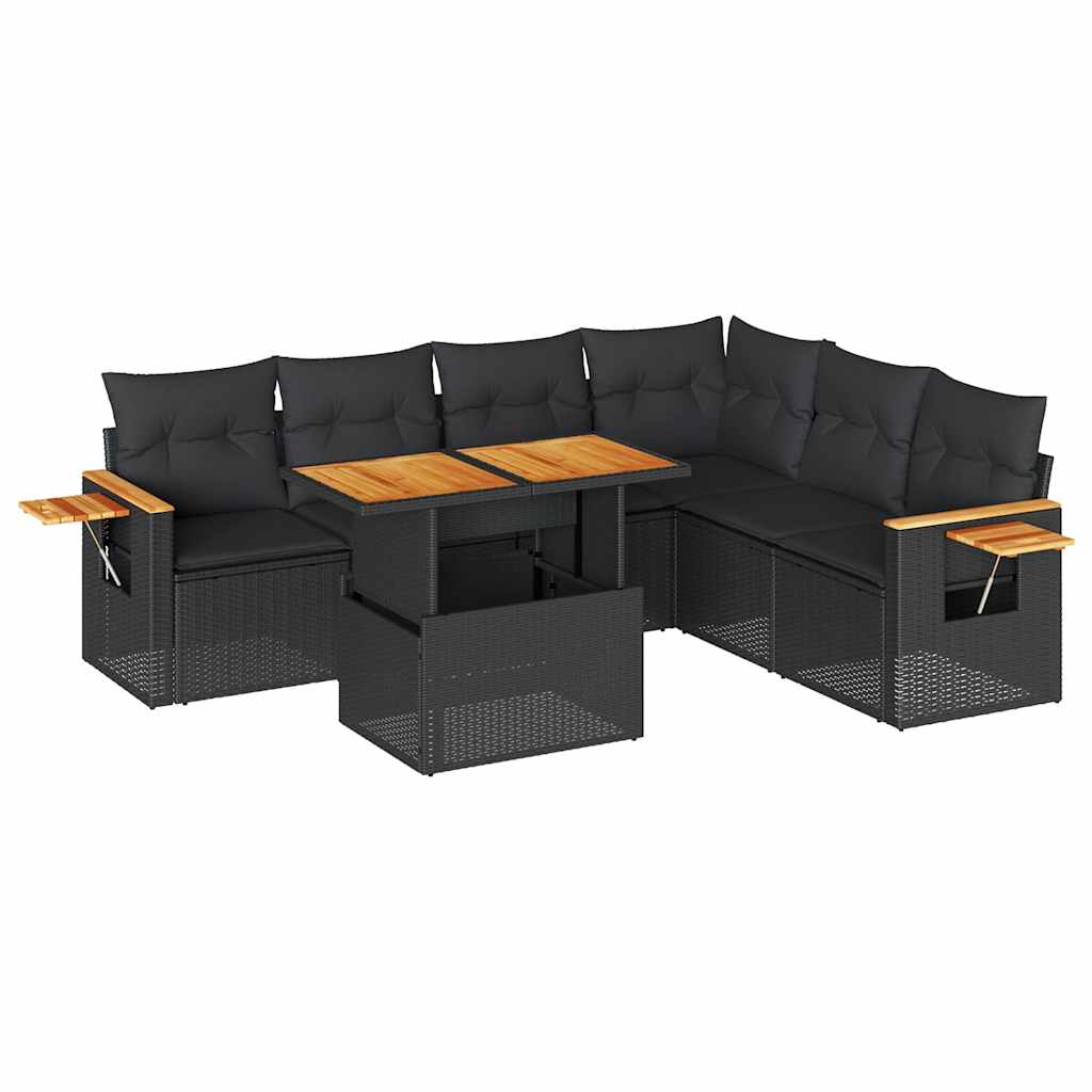 7 részes fekete polyrattan akácfa kerti ülőgarnitúra párnával