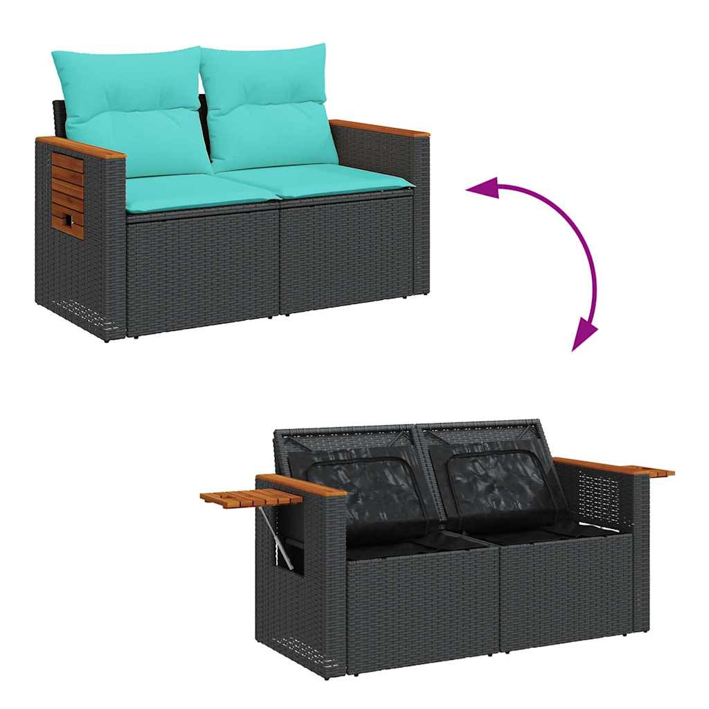 7 részes fekete polyrattan akácfa kerti ülőgarnitúra párnával