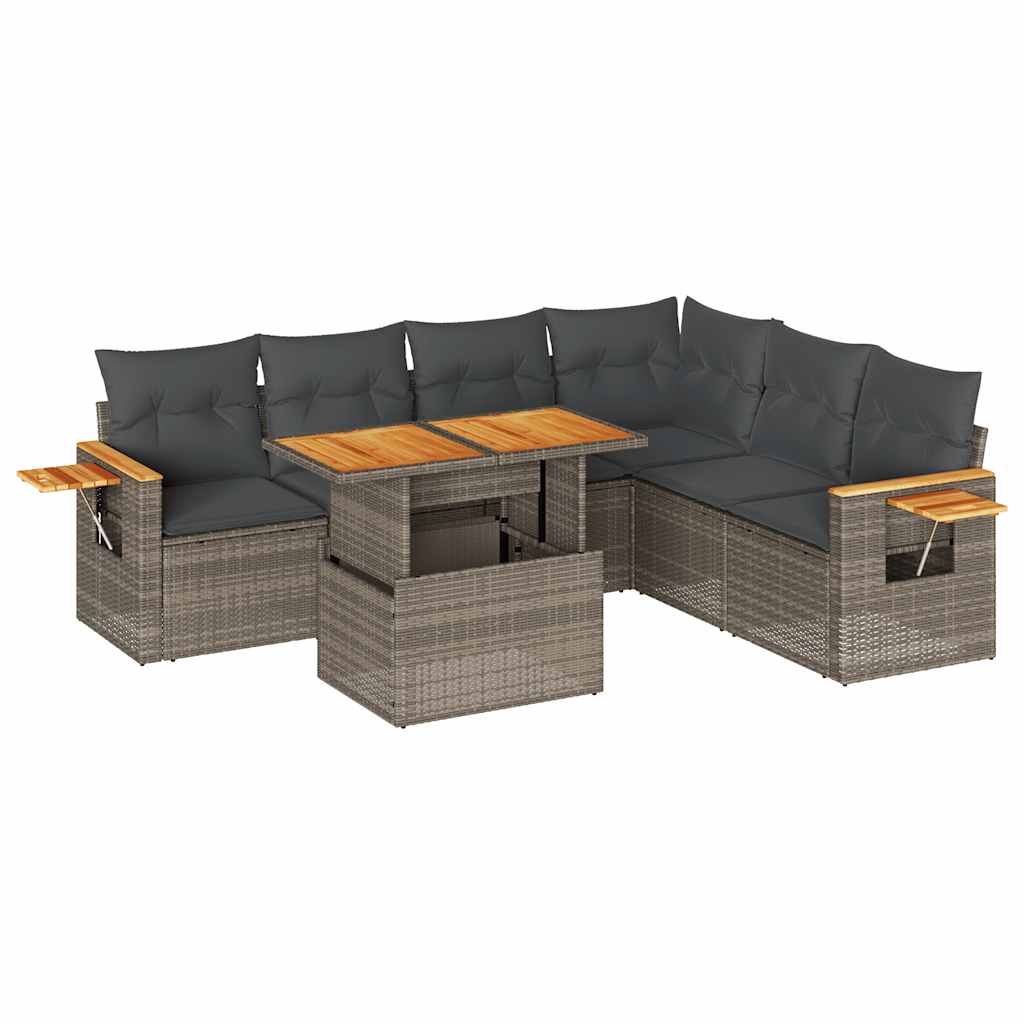 7 részes szürke polyrattan akácfa kerti ülőgarnitúra párnákkal