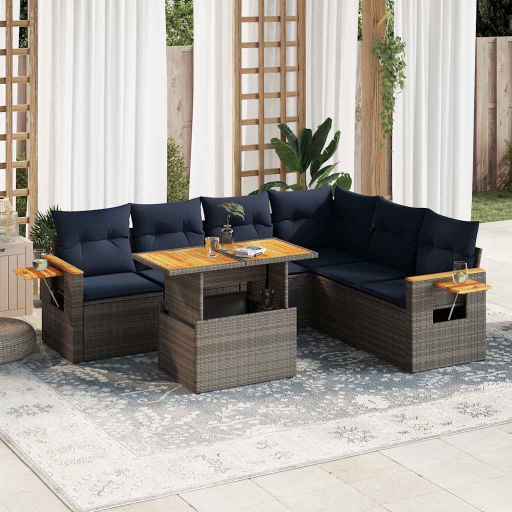 7 részes szürke polyrattan akácfa kerti ülőgarnitúra párnákkal