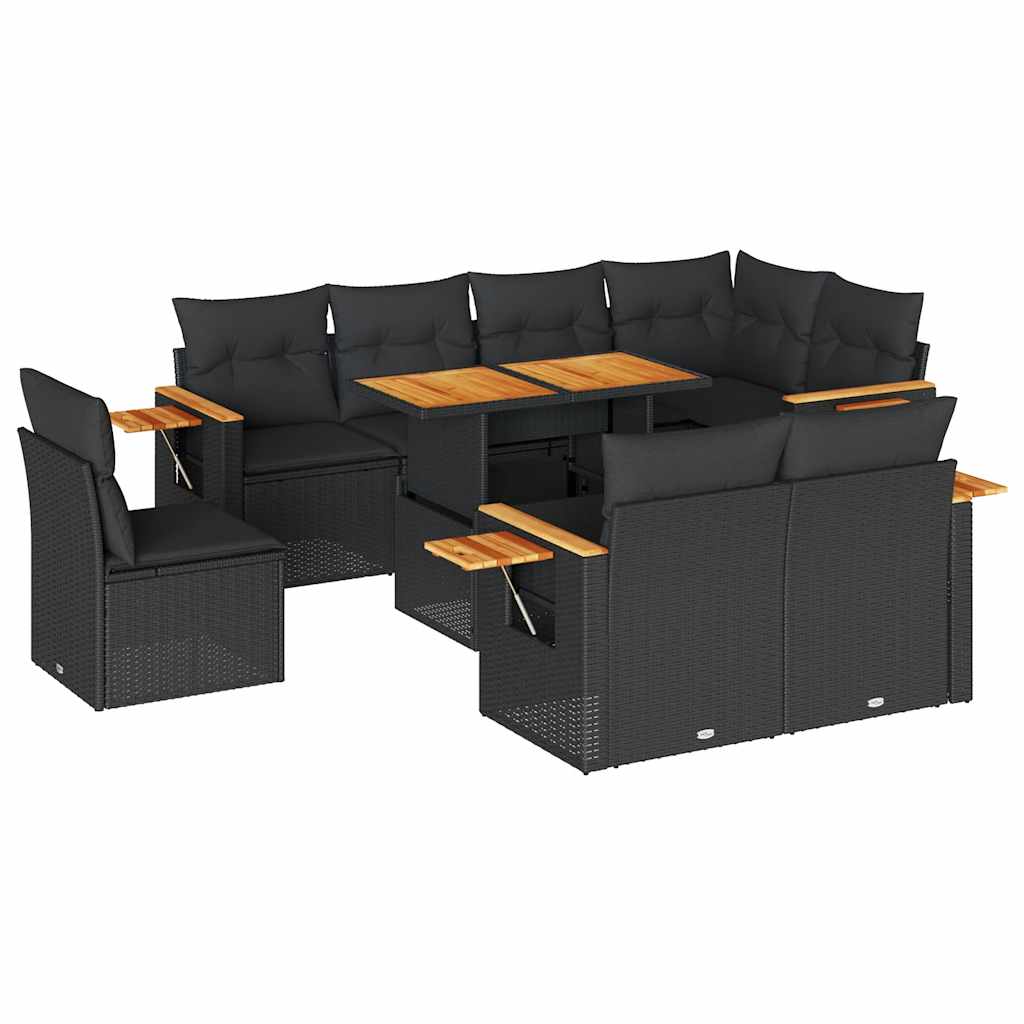 9 részes fekete polyrattan akácfa kerti ülőgarnitúra párnákkal