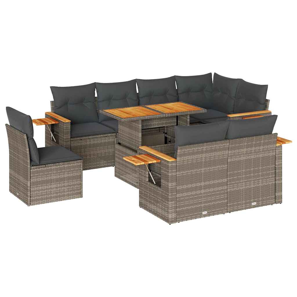 9 részes szürke polyrattan akácfa kerti ülőgarnitúra párnákkal