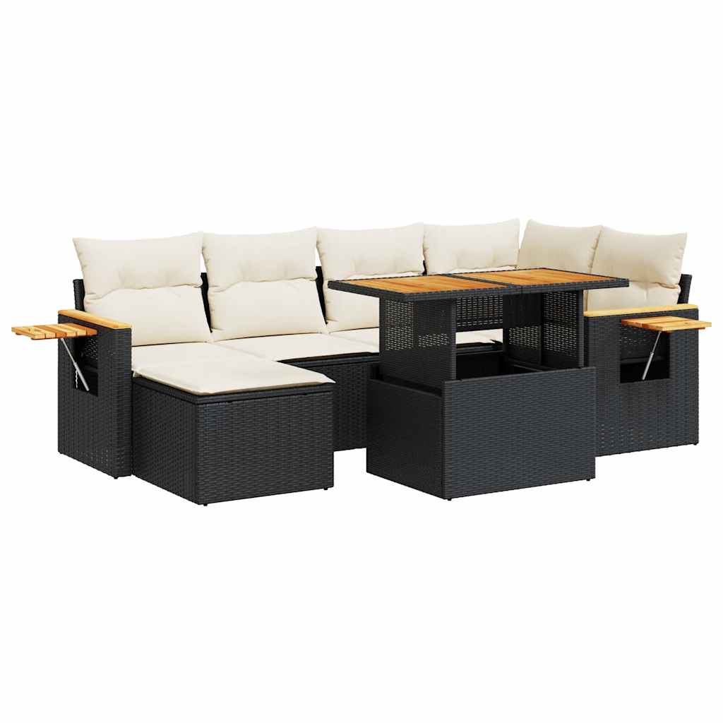7 részes fekete polyrattan akácfa kerti ülőgarnitúra párnával