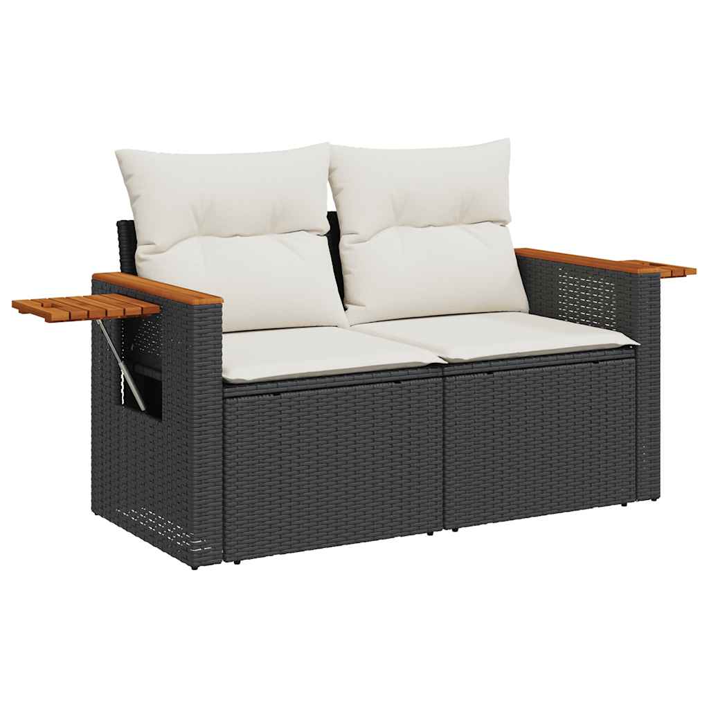 7 részes fekete polyrattan akácfa kerti ülőgarnitúra párnával