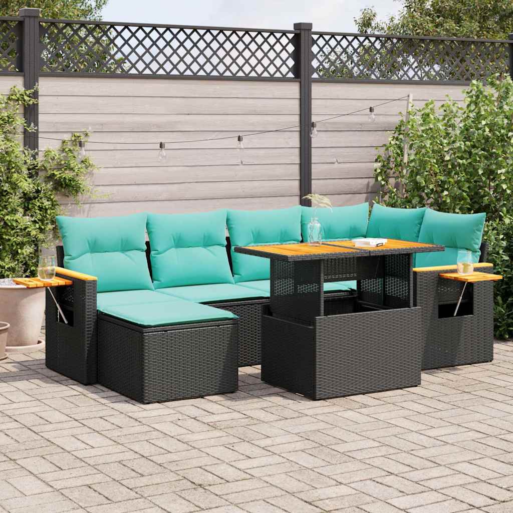 7 részes barna polyrattan akácfa kerti ülőgarnitúra párnákkal