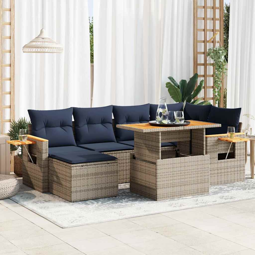 7 részes fekete polyrattan akácfa kerti ülőgarnitúra párnával