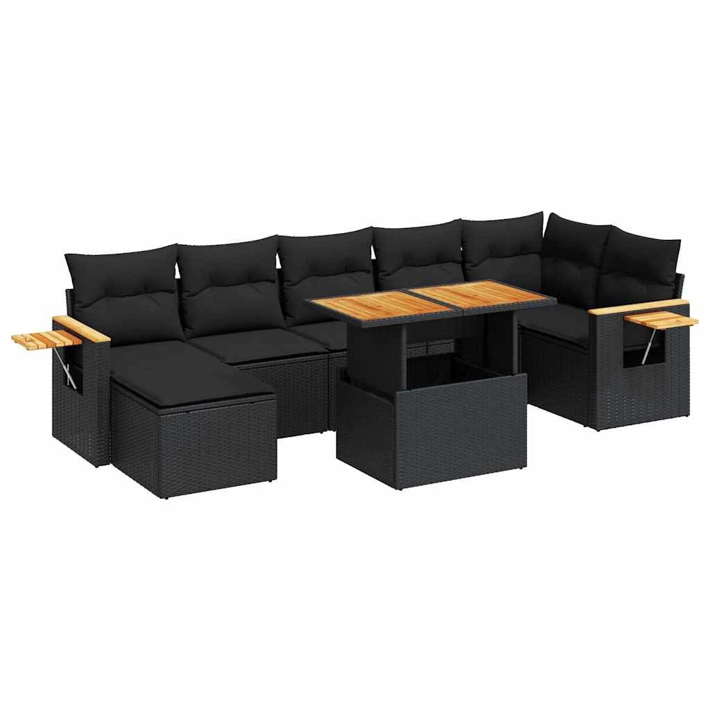 8 részes fekete polyrattan akácfa kerti ülőgarnitúra párnákkal
