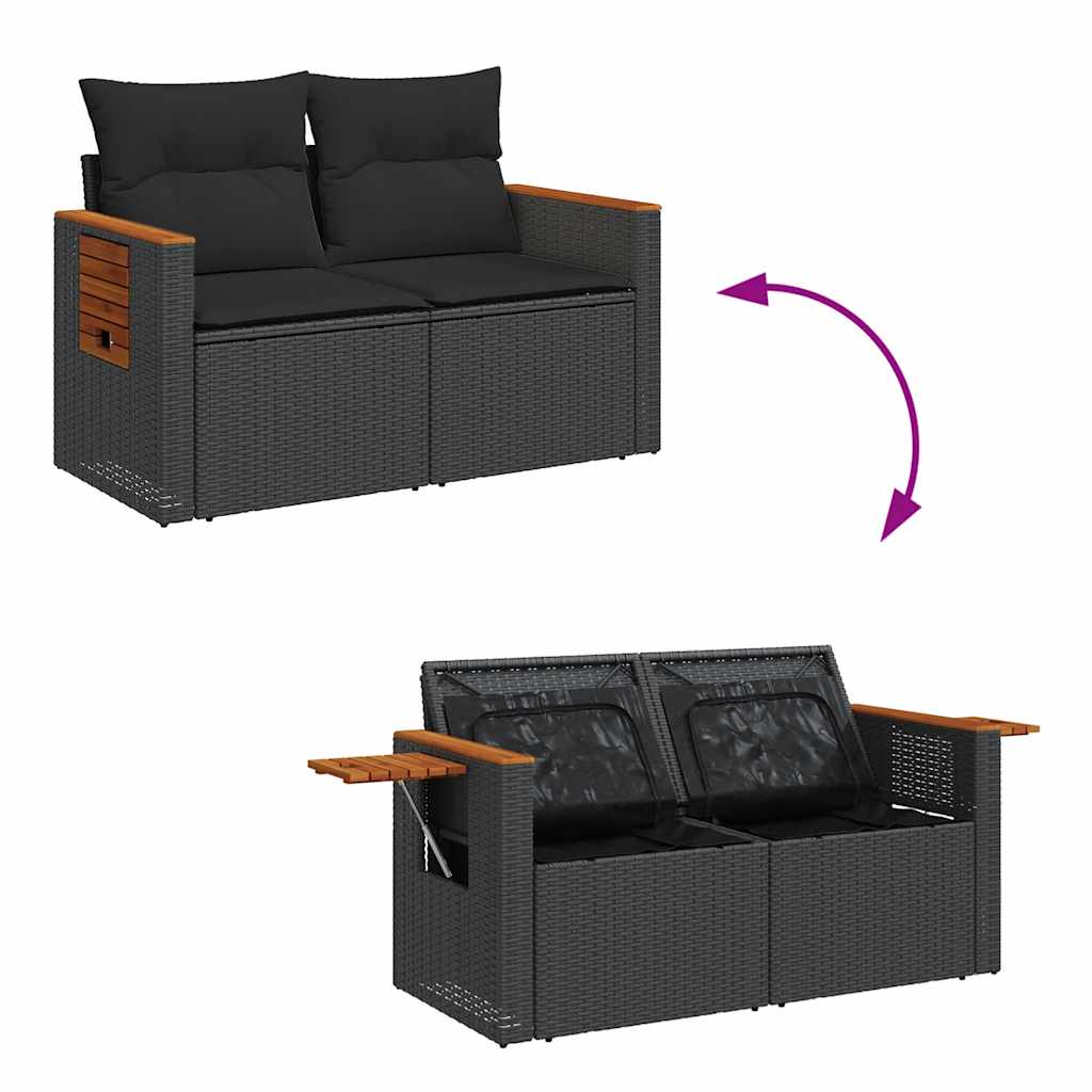8 részes fekete polyrattan akácfa kerti ülőgarnitúra párnákkal