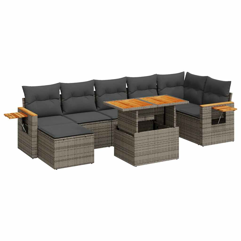 8 részes szürke polyrattan akácfa kerti ülőgarnitúra párnákkal